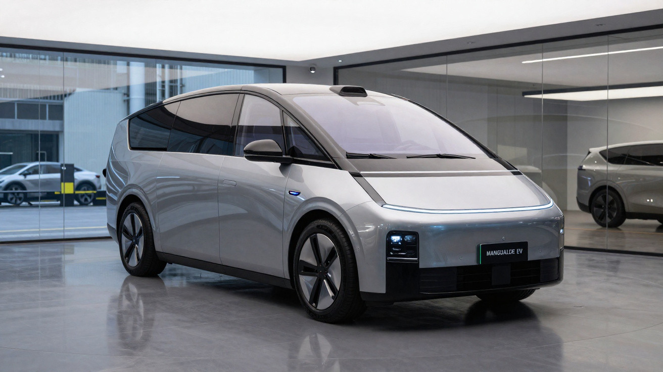 Voiture électrique grise design futuriste exposée dans un showroom moderne avec de grandes baies vitrées.