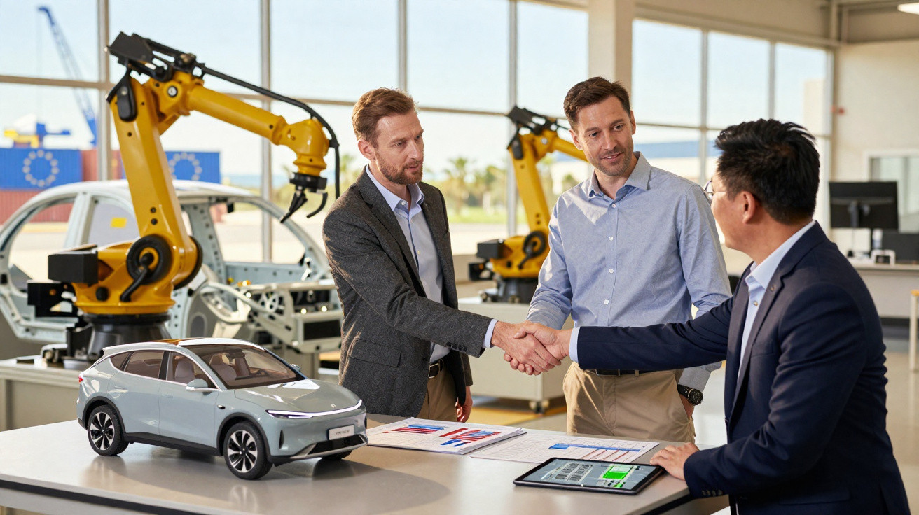 Trois hommes d'affaires serrant la main devant un modèle de voiture électrique et robots industriels en arrière-plan.
