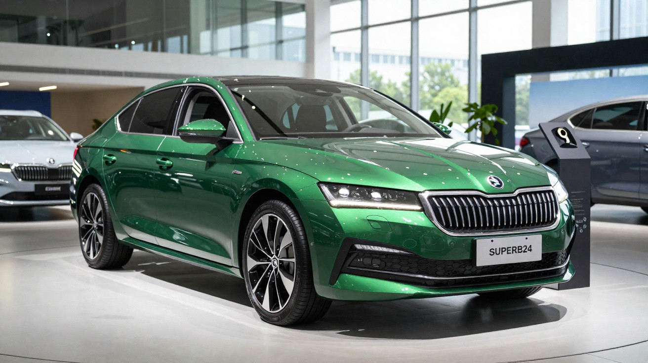 Voiture familiale sportive Skoda Superb24 verte exposée dans un showroom moderne et lumineux.