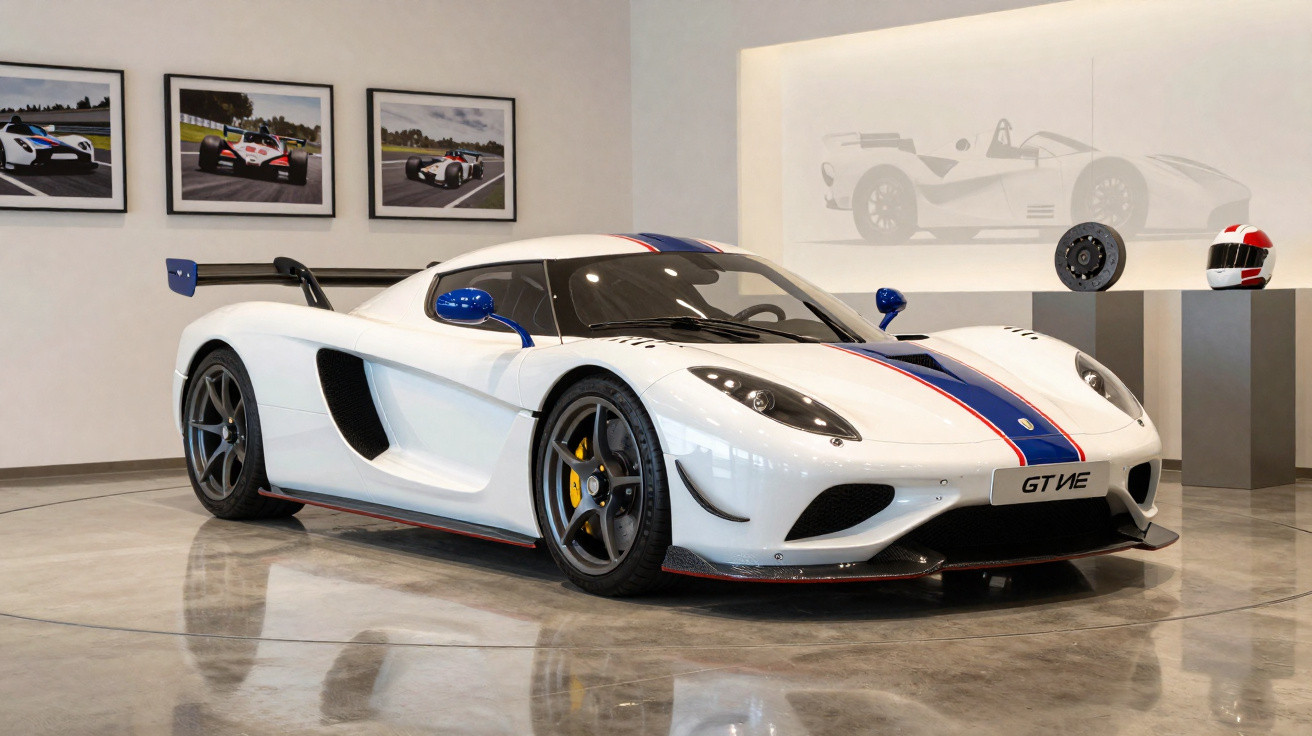 Voiture de sport blanche avec bande bleue et rouge, exposée dans un showroom moderne, cadre et casque en arrière-plan.