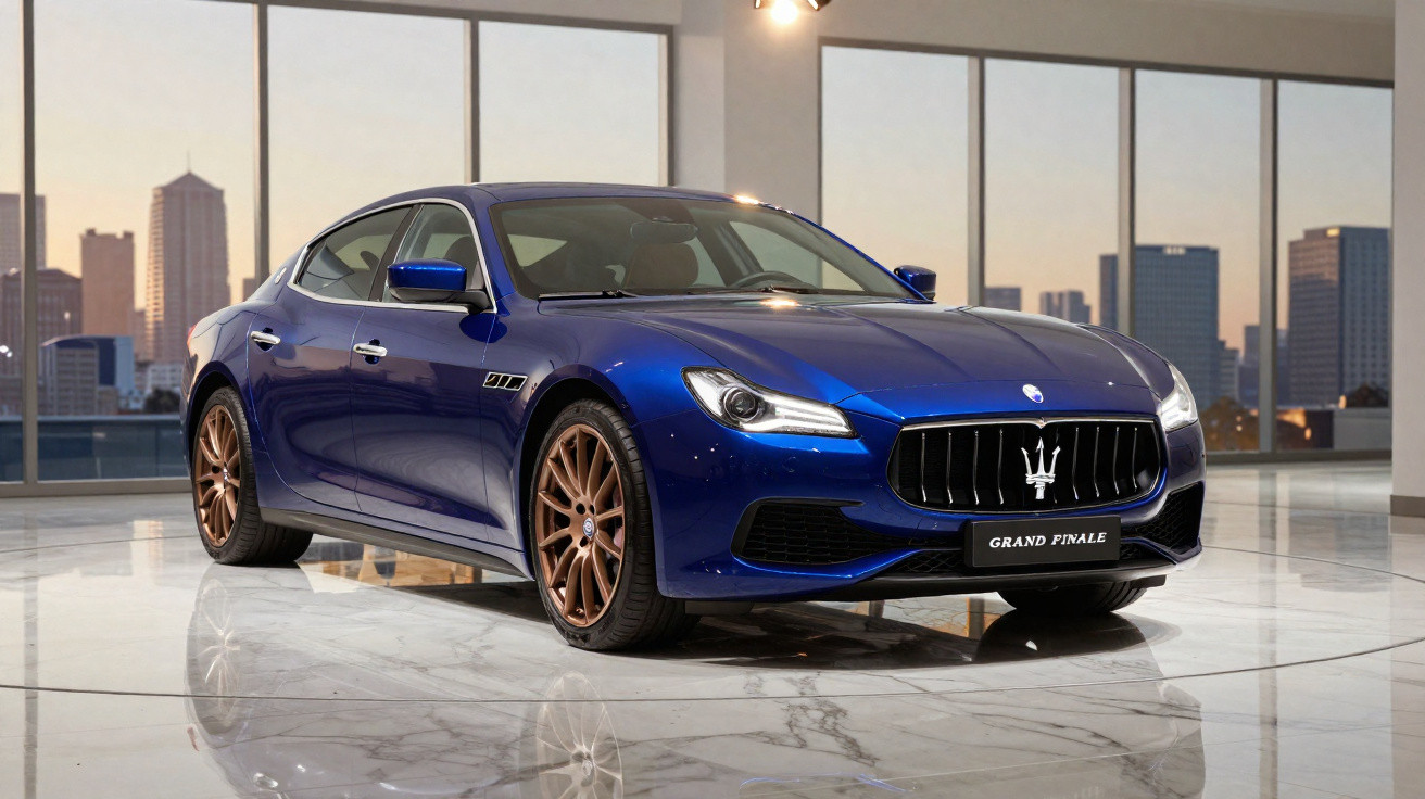 Voiture de luxe Maserati bleu métallisé exposée sur sol en marbre avec fenêtres donnant sur une ville en arrière-plan.