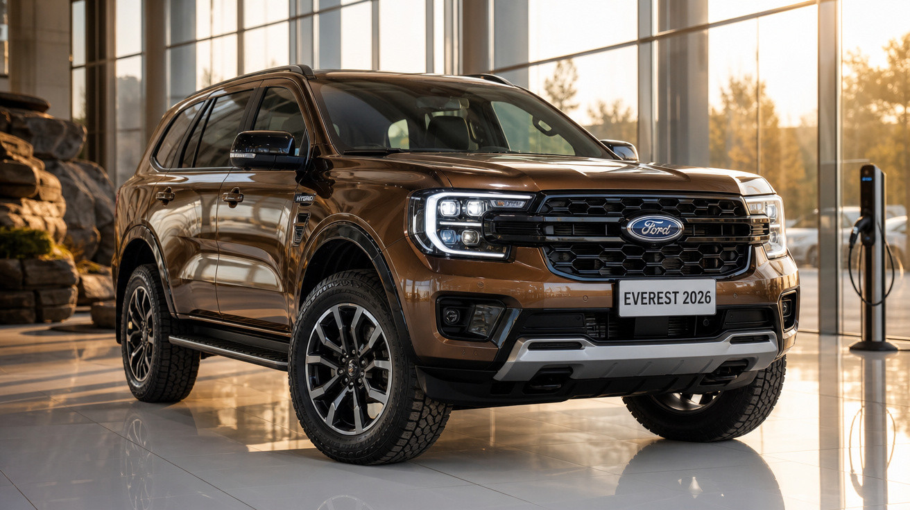 SUV Ford Everest 2026 marron stationné dans un showroom avec grandes baies vitrées lumineuses.
