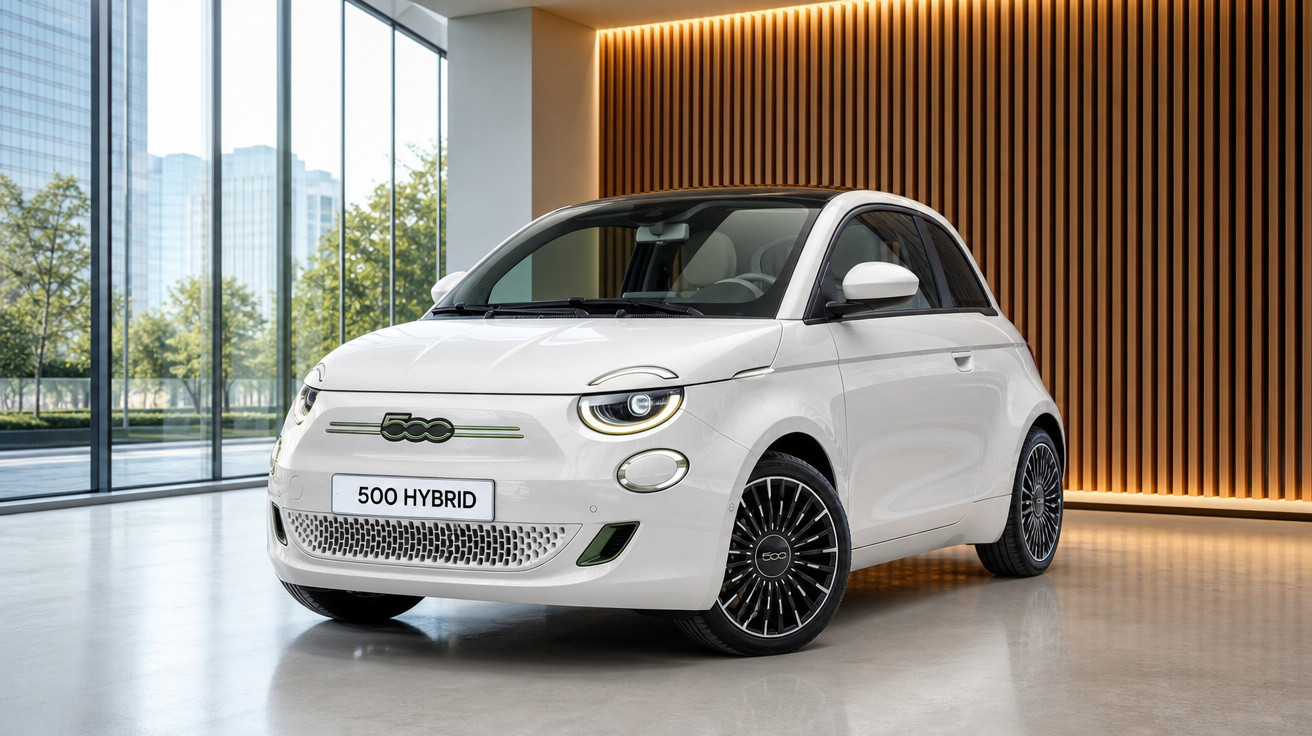 Voiture blanche hybride Fiat 500 garée dans un showroom moderne avec mur en bois et grandes baies vitrées.
