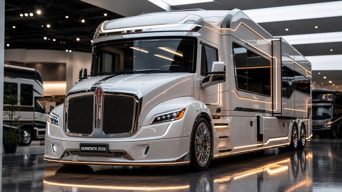 Camion Kenworth 2026 blanc moderne avec éclairage LED intégré exposé dans un hall d'exposition.