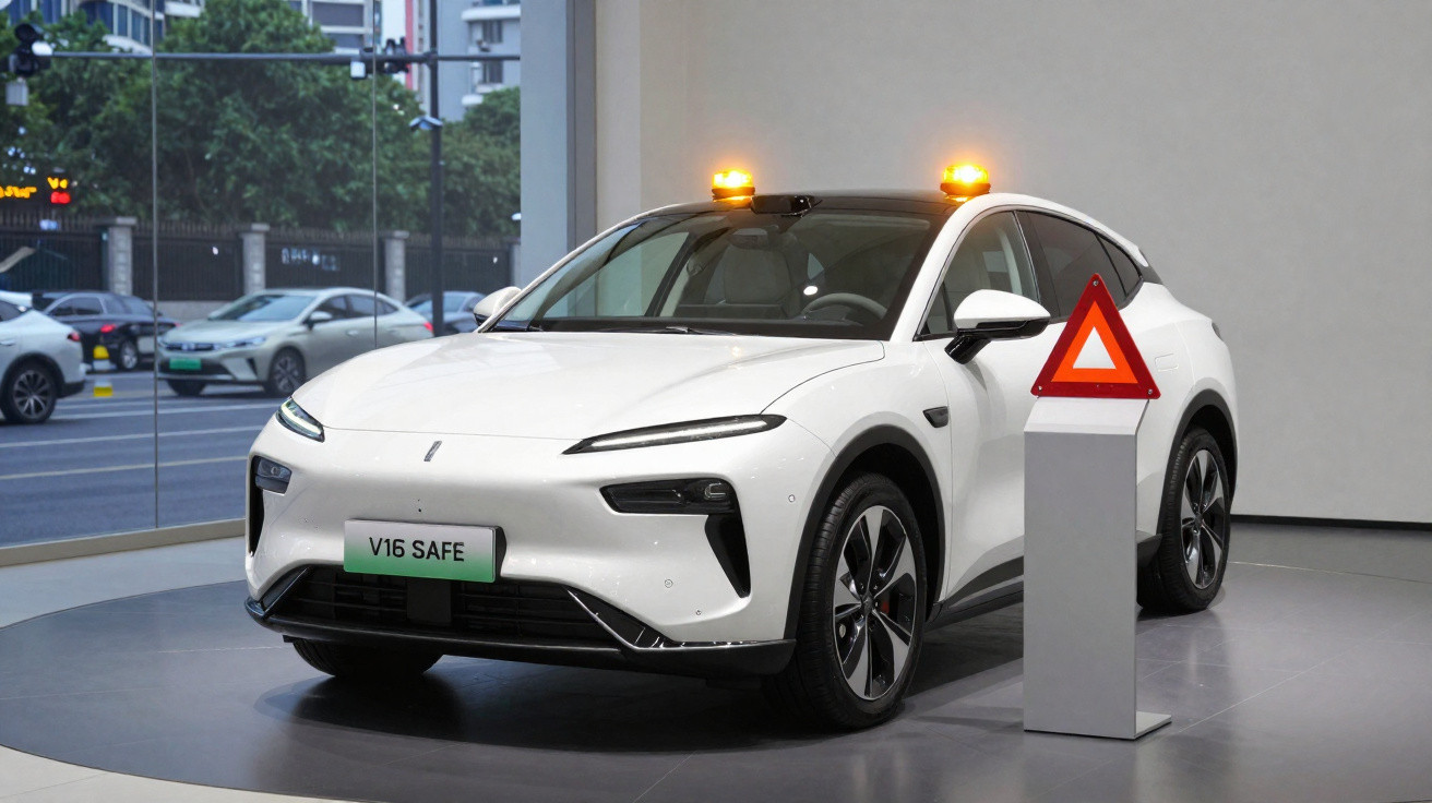 Voiture blanche électrique avec balises lumineuses jaunes sur le toit exposée à l'intérieur avec triangle de signalisation.