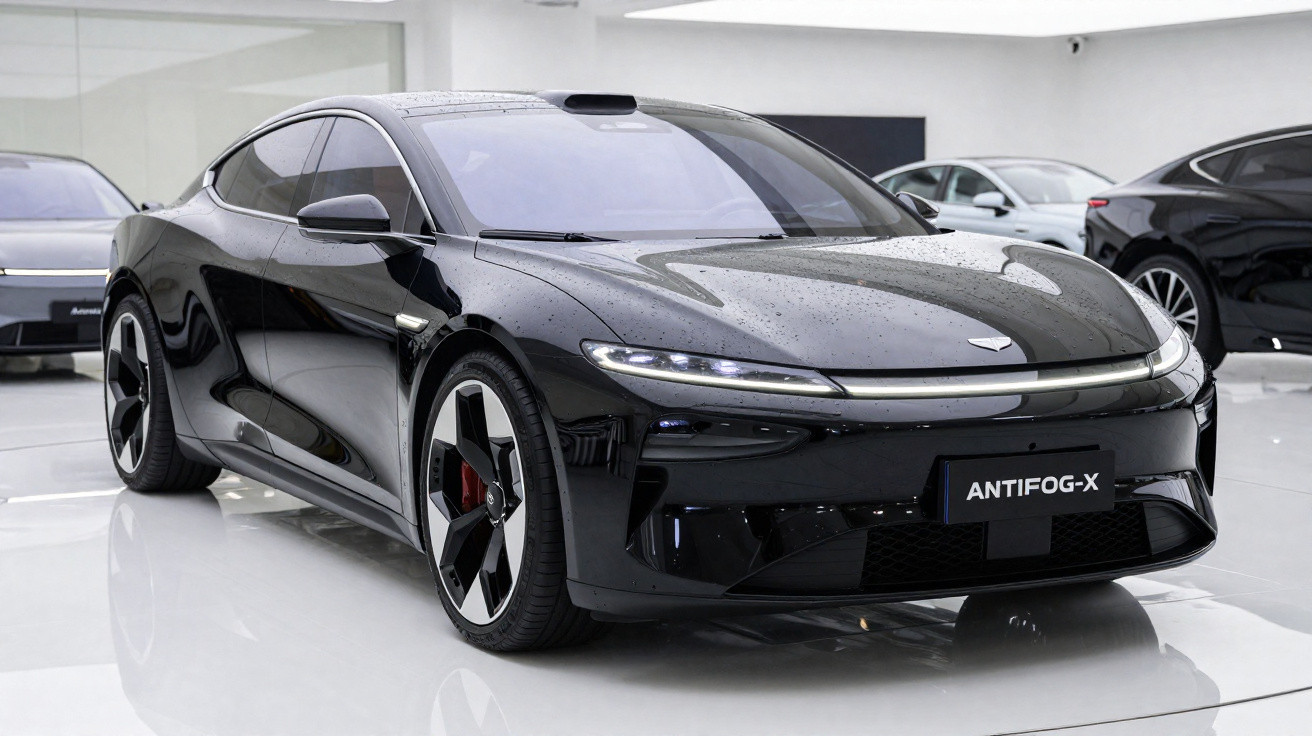 Voiture électrique sportive noire ANTIFOG-X exposée dans un showroom moderne avec sol brillant.