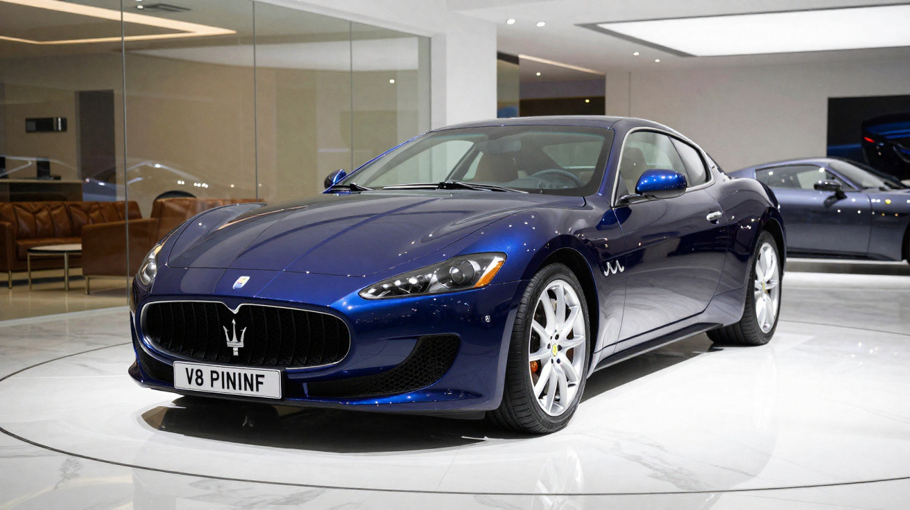 Voiture de sport Maserati bleue métallique exposée dans un showroom moderne et lumineux.