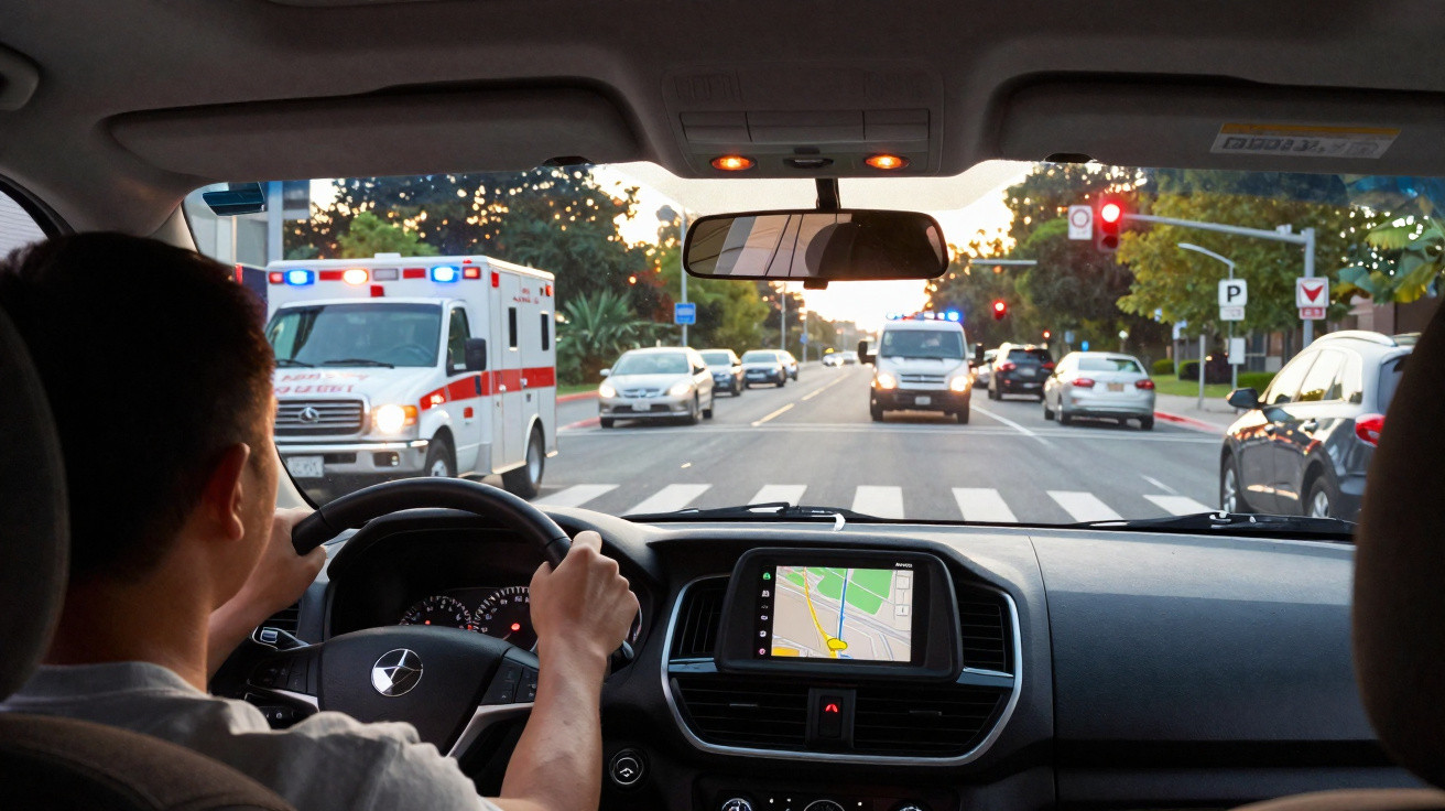 Vue depuis l'intérieur d'une voiture, un conducteur attend au feu rouge avec une ambulance en approche sur une route urbaine.