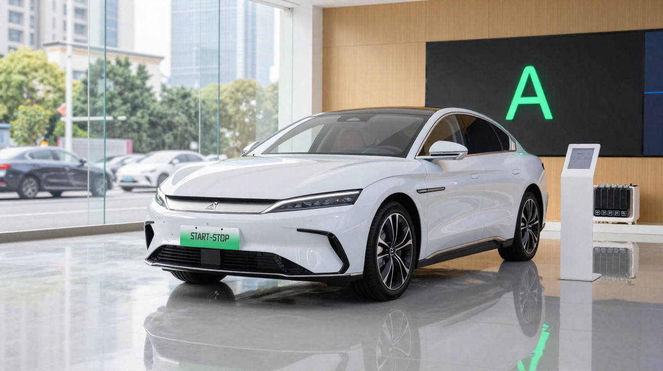 Voiture électrique blanche moderne exposée en showroom avec un panneau A lumineux en arrière-plan.