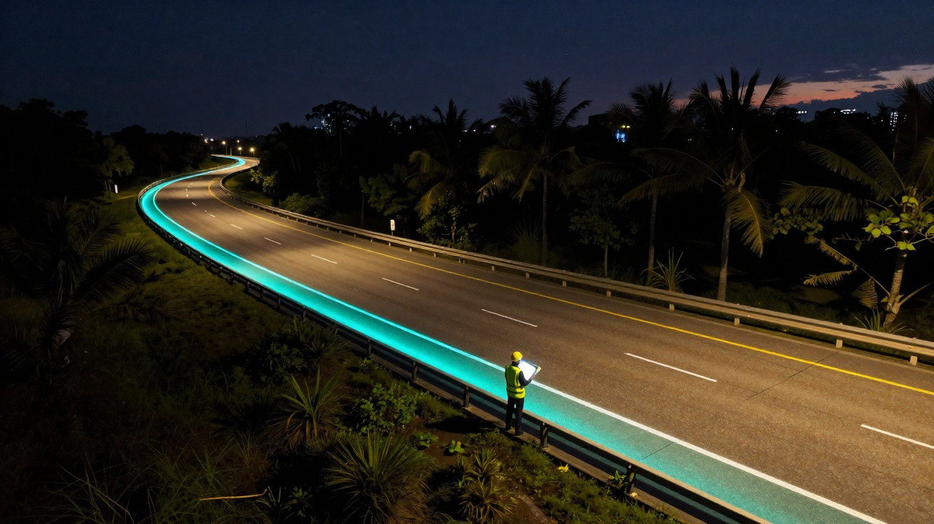 Route de nuit bordée de palmiers avec bande lumineuse bleue et un ouvrier en gilet jaune observant un plan.