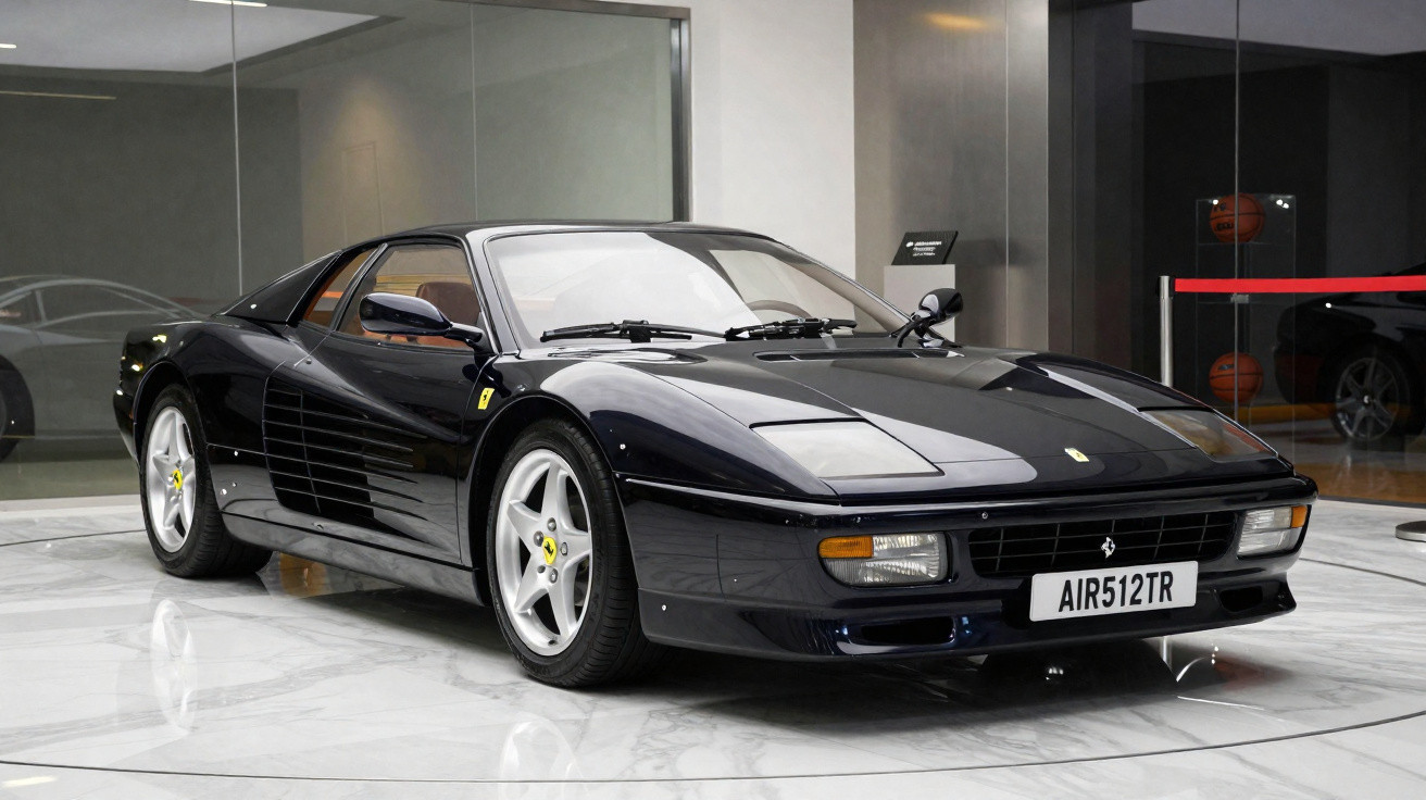 Ferrari noire brillante modèle classique exposée dans une salle moderne avec sol en marbre.