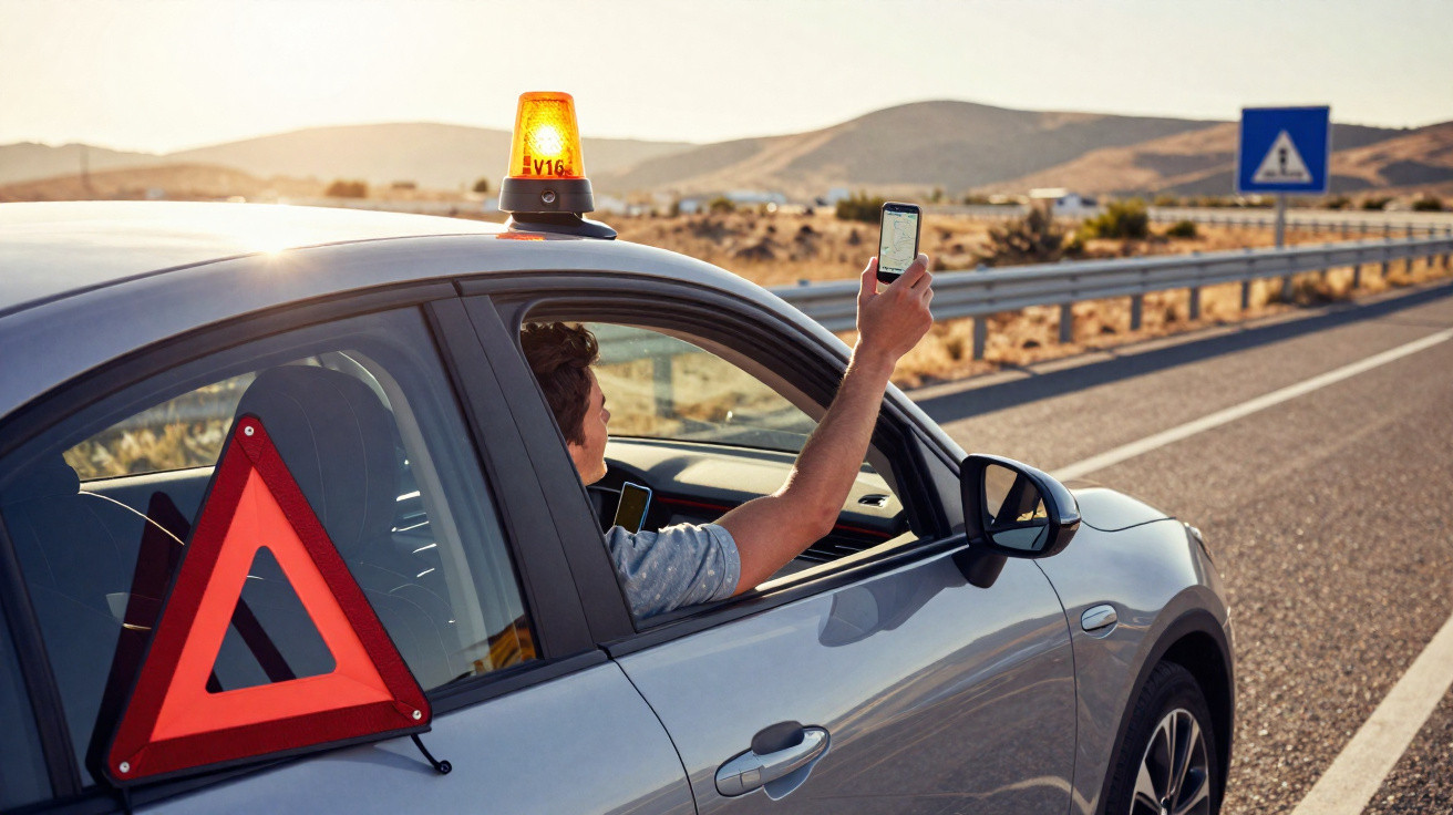 Homme dans voiture en panne sur route, triangle de signalisation et gyrophare allumé, tenant un téléphone portable.