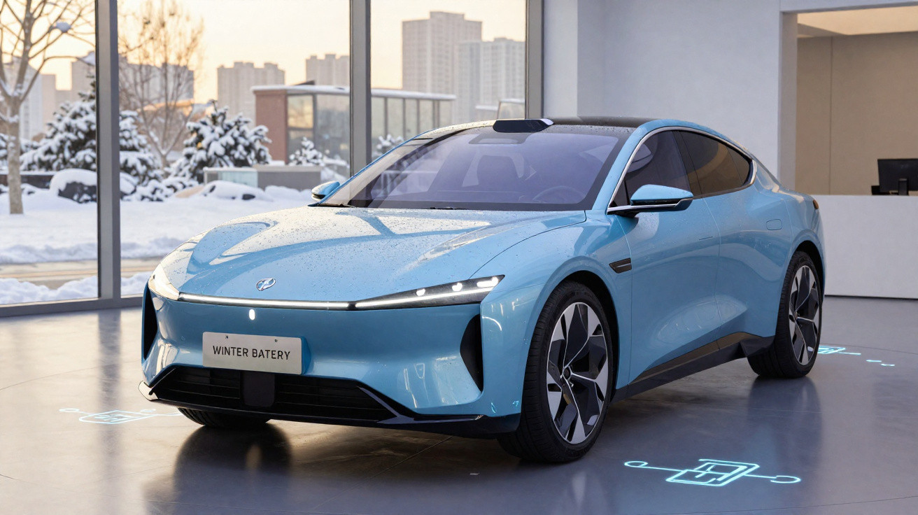 Voiture électrique bleue moderne exposée en intérieur avec panneaux vitrées et paysage enneigé en arrière-plan.