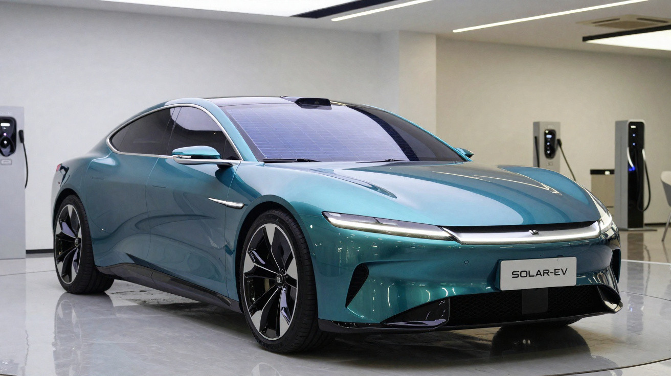 Voiture électrique bleu métallisé au design futuriste exposée dans un showroom avec bornes de recharge.