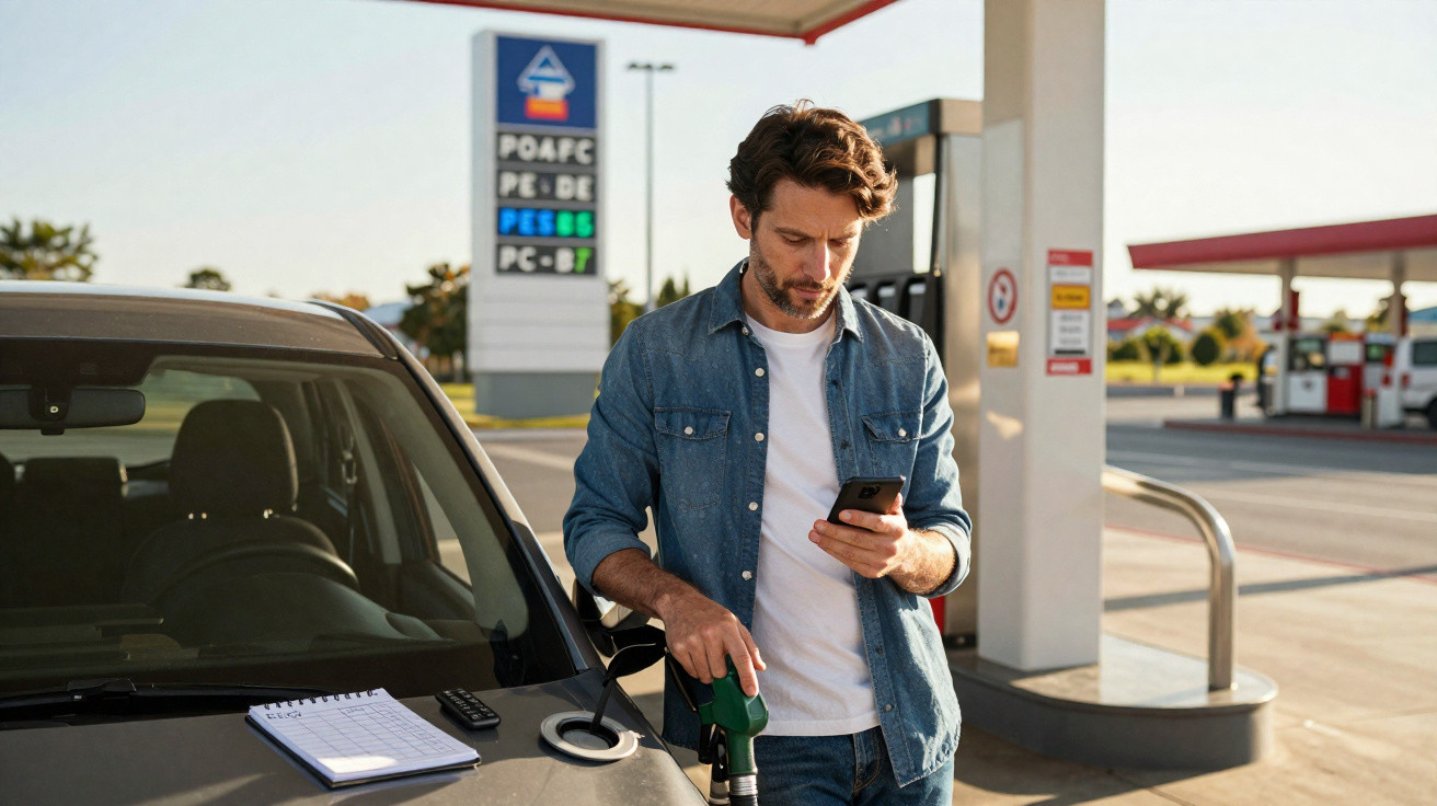 Homme en jean et t-shirt blanc faisant le plein de sa voiture à une station-service en regardant son téléphone.
