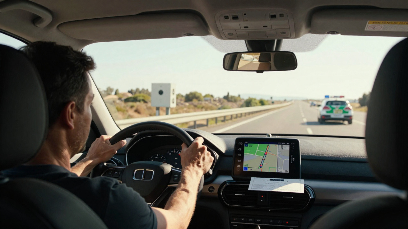 Homme conduisant une voiture avec GPS, une voiture de police à l'avant sur l'autoroute en plein jour.