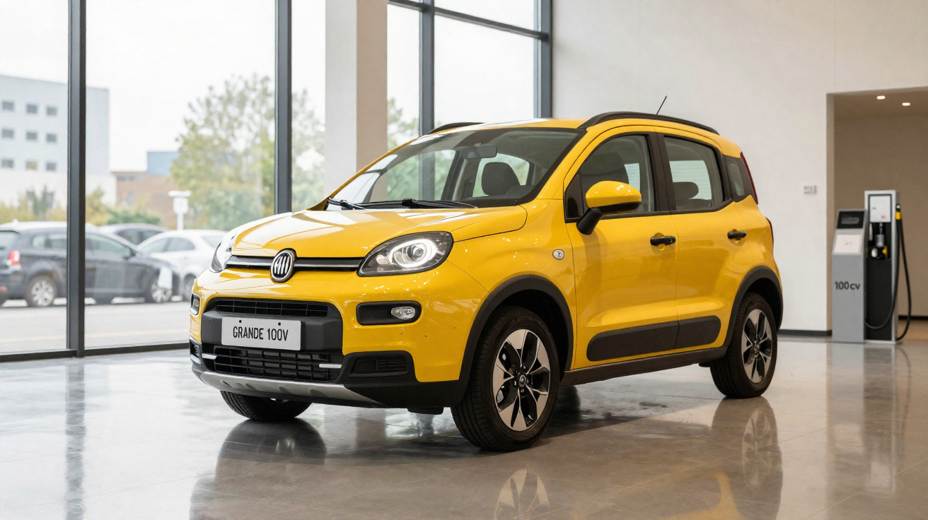 Voiture compacte jaune stationnée dans un showroom avec grande baie vitrée éclairant l'intérieur moderne.