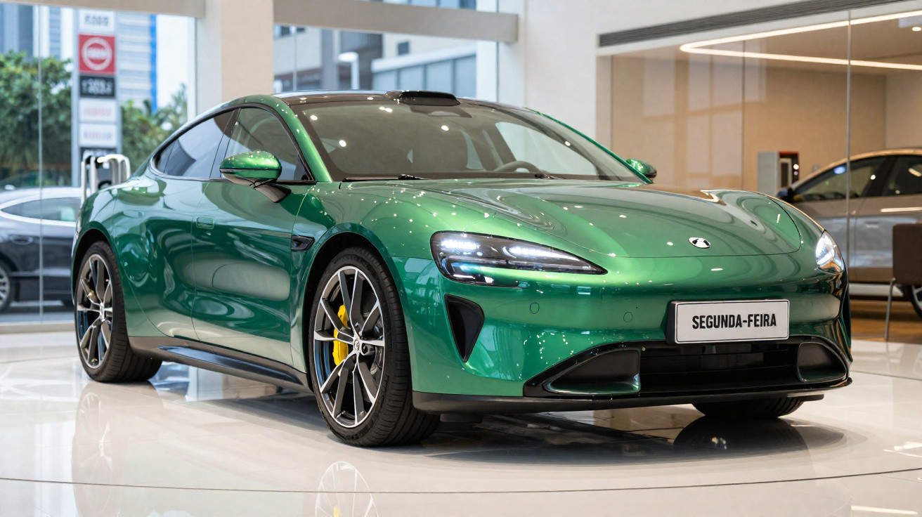 Voiture de sport électrique verte exposée dans un showroom moderne avec un éclairage intérieur brillant.