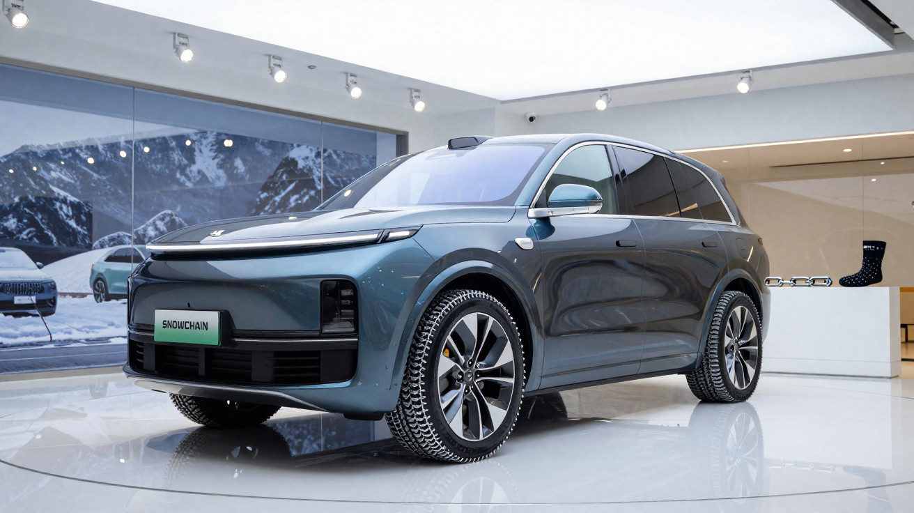 SUV électrique moderne gris métallisé exposé dans une salle d'exposition lumineuse avec fond montagne enneigée.