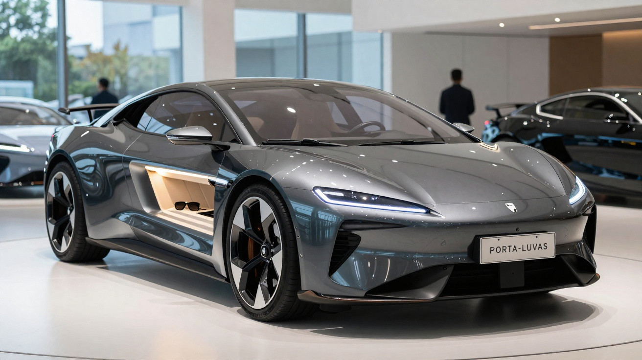 Voiture de sport grise futuriste exposée en intérieur avec phares LED allumés et jantes noires.
