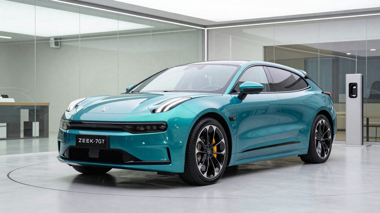Voiture électrique sportive bleu turquoise ZEEK-7GT dans un showroom moderne et lumineux.