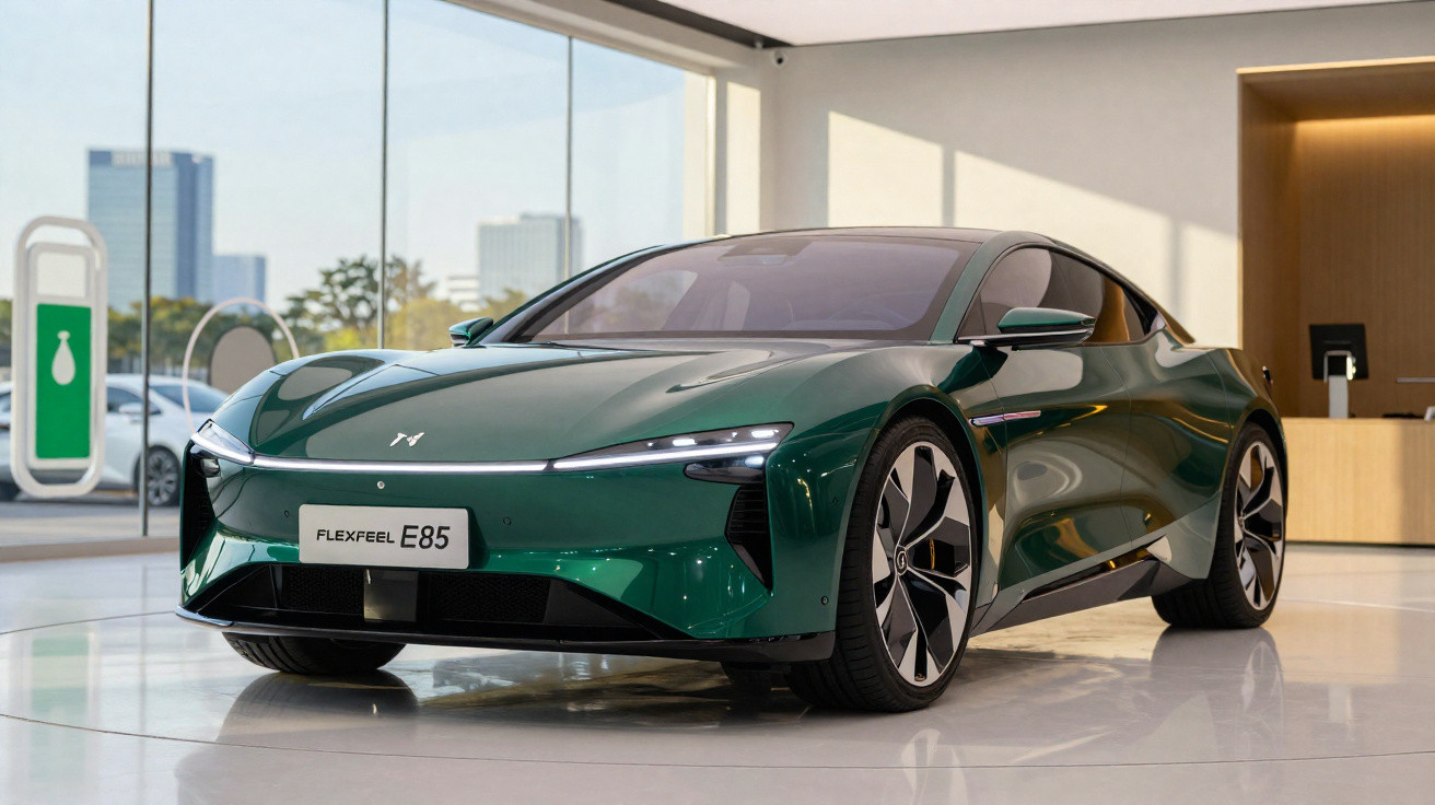 Voiture électrique verte élégante Flexfeel E85 exposée dans un showroom moderne avec grandes fenêtres.