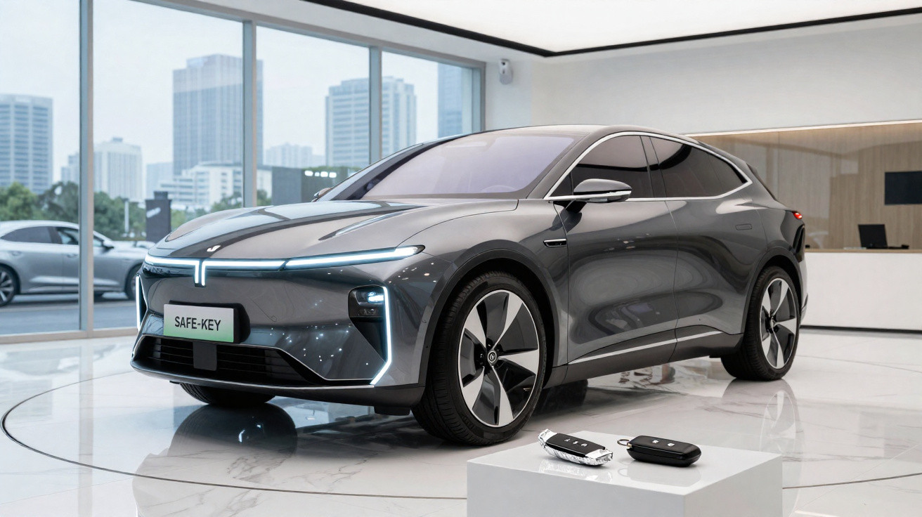 Voiture électrique grise moderne exposée dans un showroom lumineux avec des clés posées sur un socle blanc.