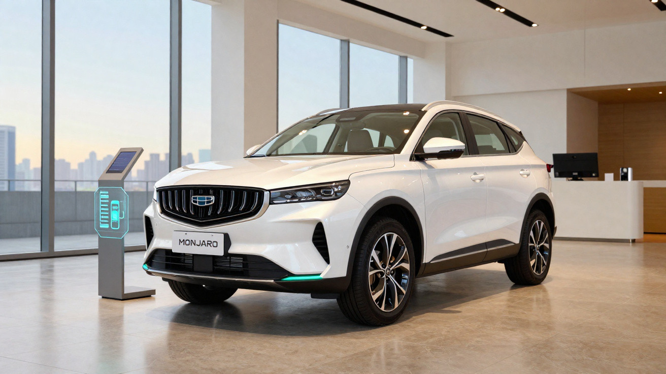 Véhicule SUV blanc moderne exposé en intérieur avec borne de recharge électrique à côté.