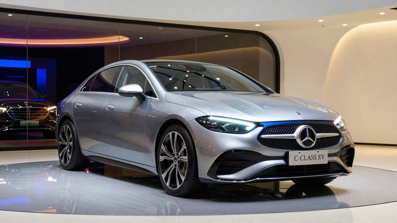 Berline électrique Mercedes-Benz C-Class EV argent exposée en intérieur moderne aux lignes épurées.