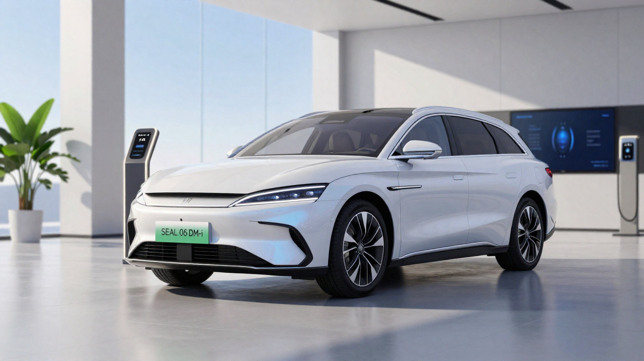 Voiture électrique blanche moderne garée dans un showroom lumineux avec bornes de recharge et écran mural.