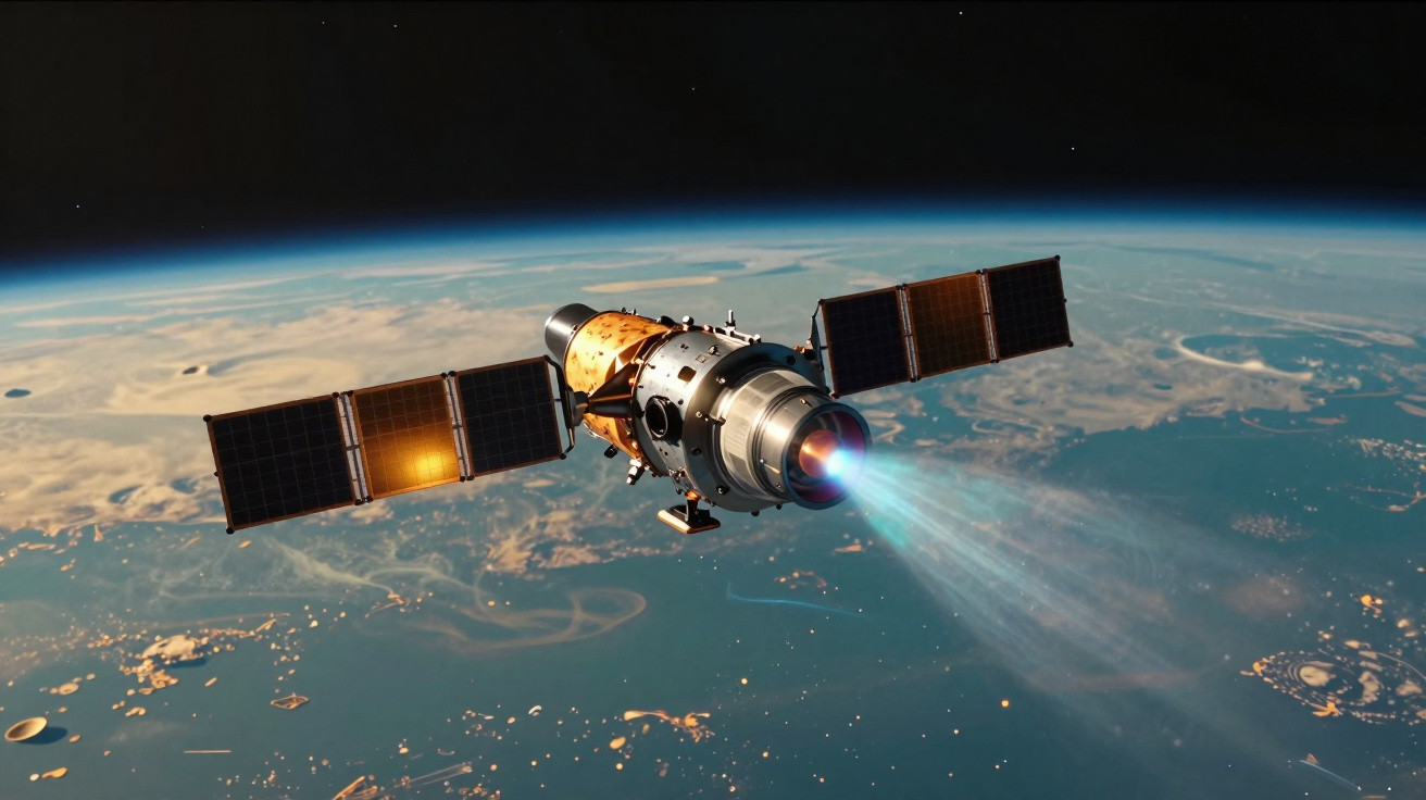 Satellite spatial avec panneaux solaires en orbite au-dessus de la Terre, propulsé par un moteur allumé.