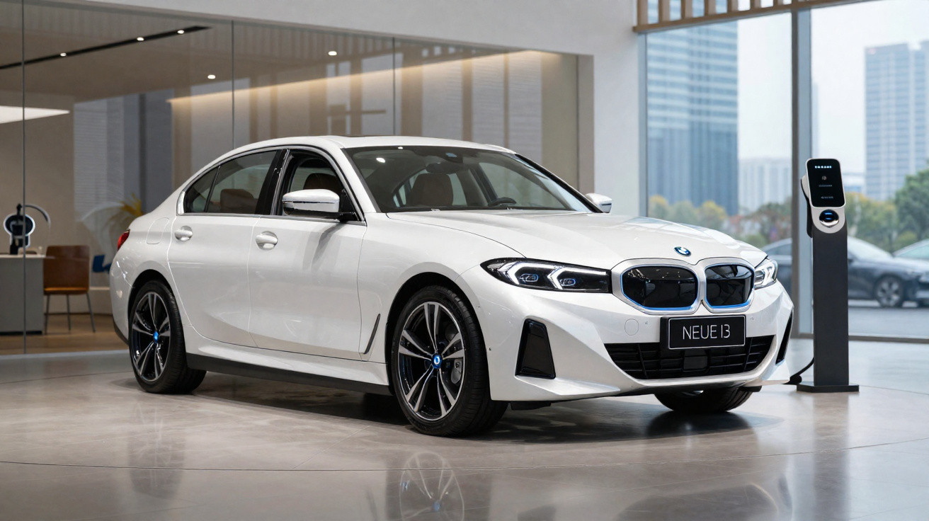 Voiture électrique BMW i3 blanche en charge dans un showroom moderne avec grandes baies vitrées.