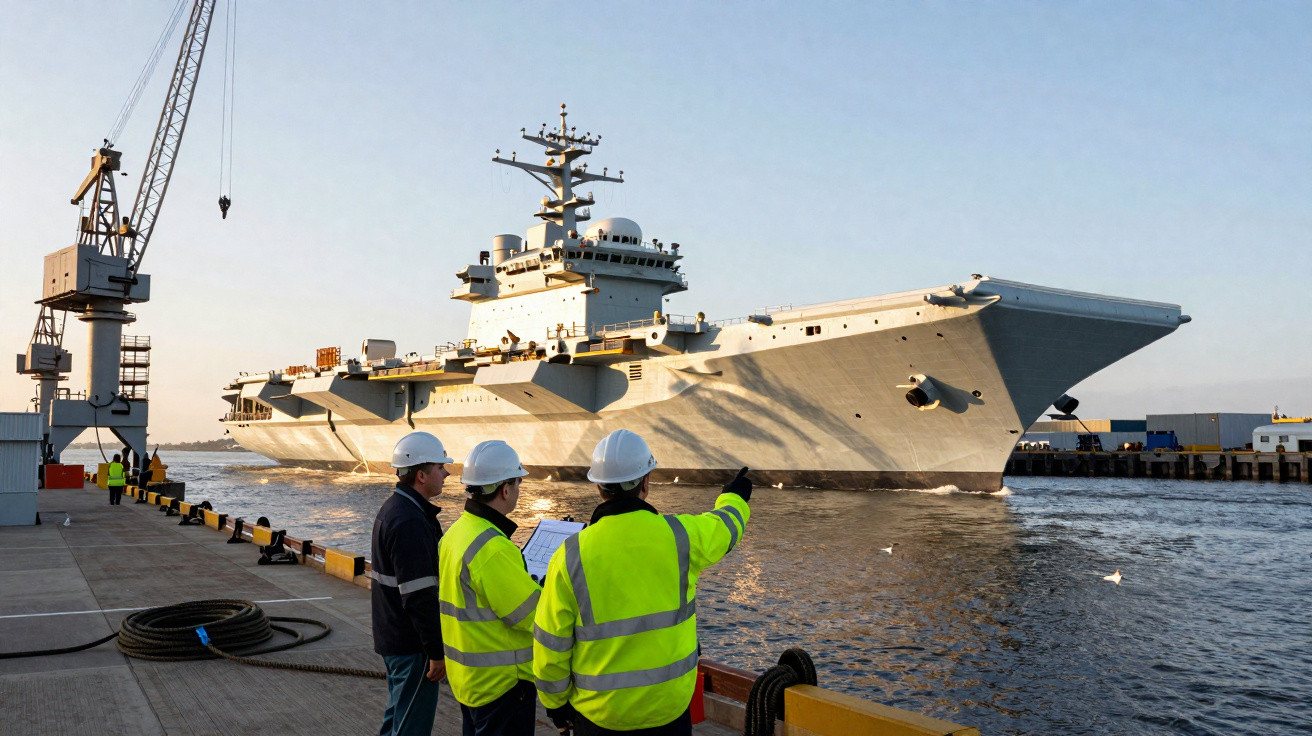 Trois ouvriers en gilets et casques surveillent un porte-avions militaire quittant le port au coucher du soleil.