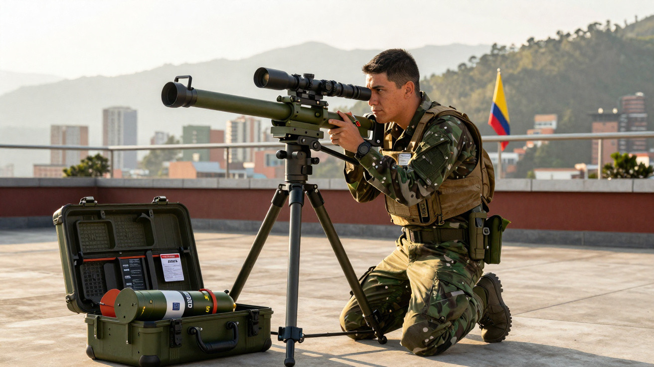 Soldat en tenue camouflage visant à travers un lance-roquettes sur trépied, drapeau colombien en arrière-plan.