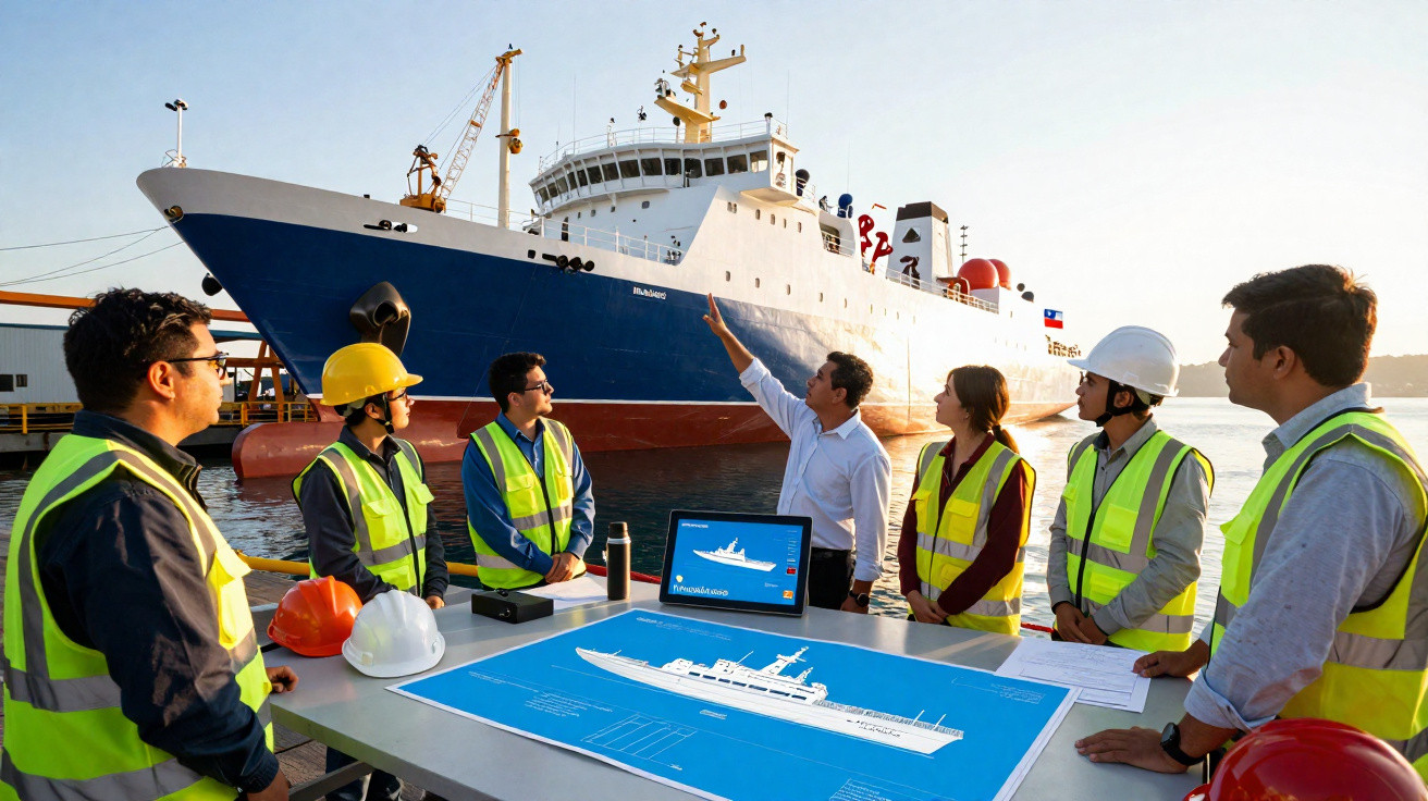 Groupe d'ingénieurs en gilets de sécurité discutant plans devant un grand navire amarré au port.
