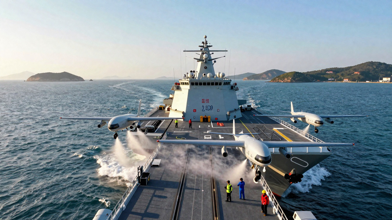 Porte-avions avec drones en vol stationnaire et marins sur le pont en mer au coucher du soleil.