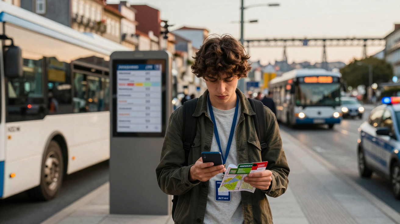 Jeune homme consultent un plan et un téléphone à un arrêt de bus en ville avec plusieurs bus en arrière-plan.