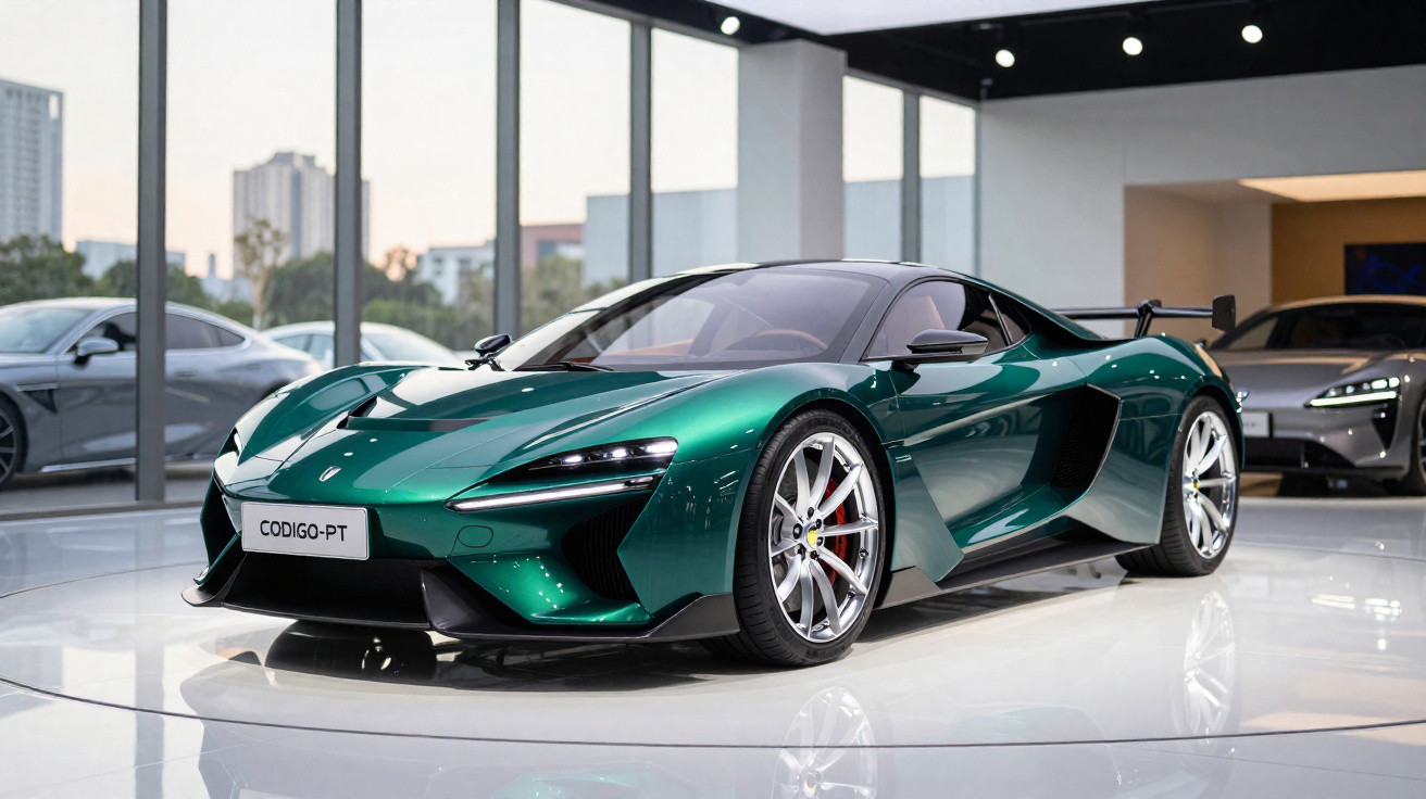 Voiture de sport verte métallisée élégante exposée dans un showroom moderne avec de grandes fenêtres.