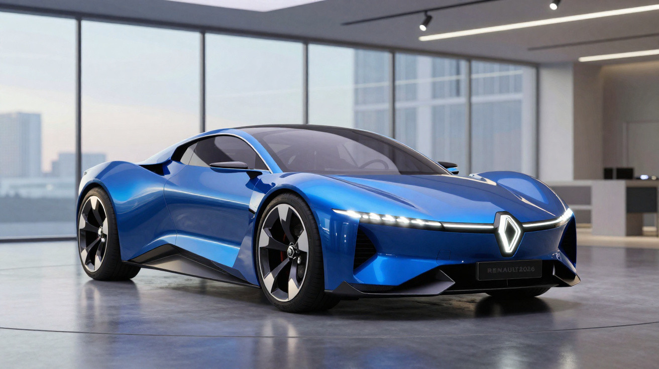 Voiture de sport électrique bleue Renault design futuriste dans un showroom moderne lumineux.