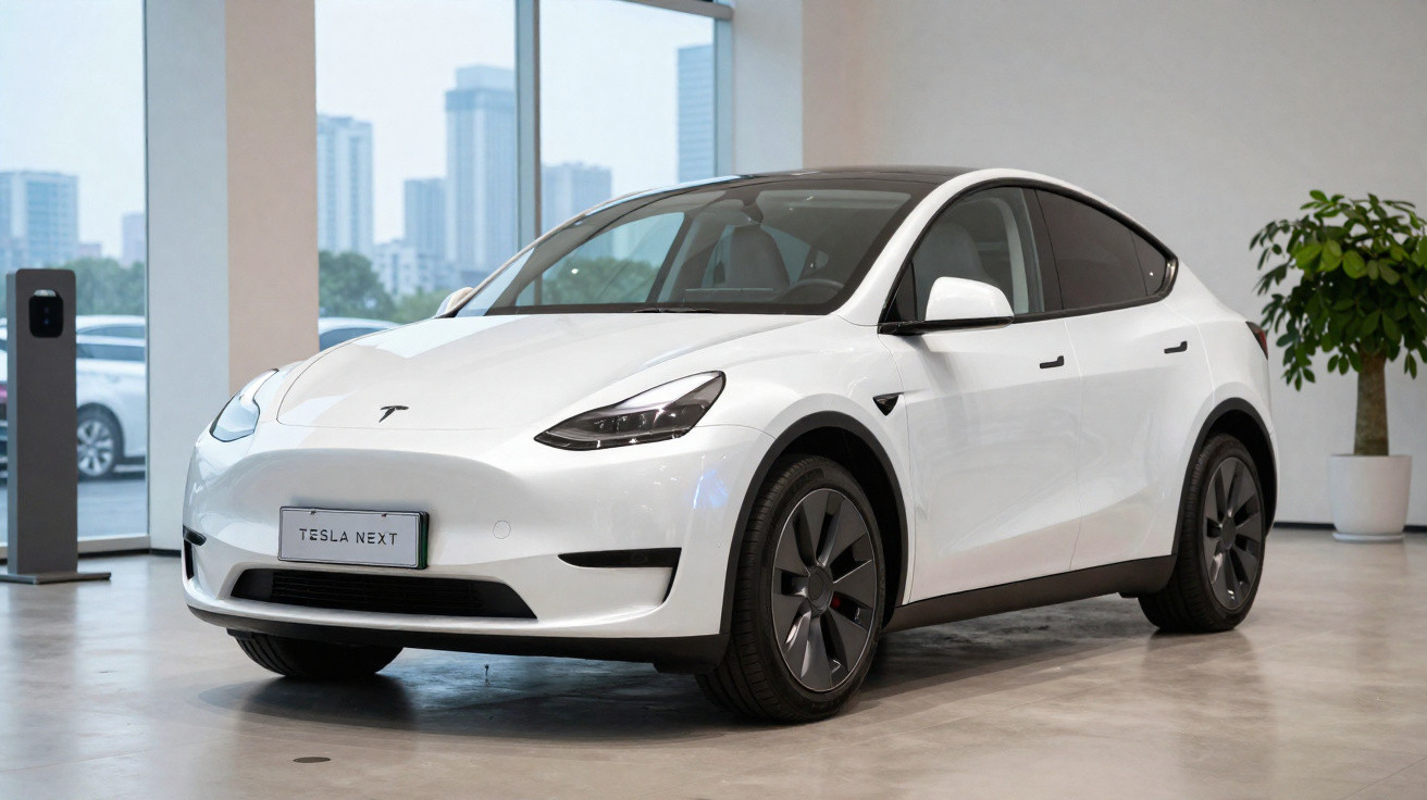 Voiture électrique Tesla Model Y blanche exposée dans un showroom moderne avec fenêtres et plantes.