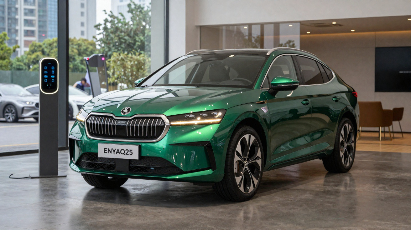Voiture électrique verte Skoda Enyaq 25 en exposition avec borne de recharge dans un showroom moderne.