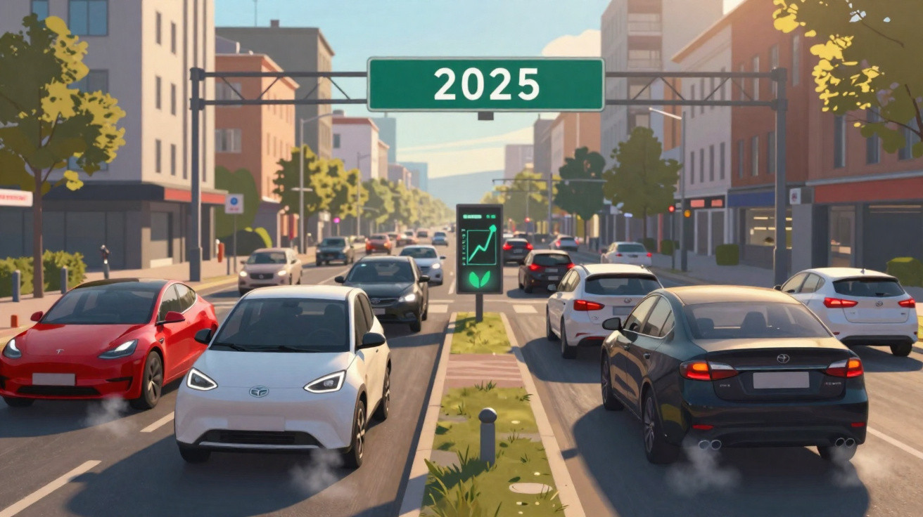 Vue urbaine futuriste de voitures électriques circulant en 2025 avec panneau signalétique vert indiquant une croissance écolo