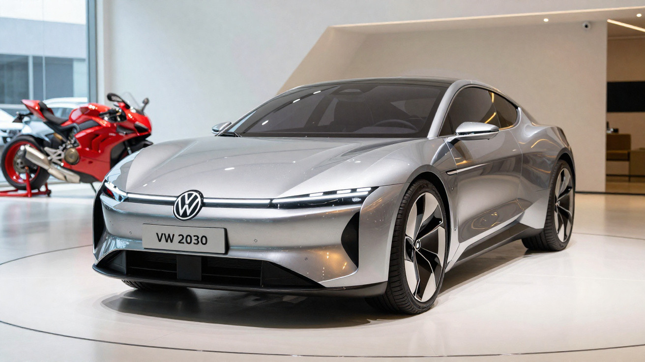 Voiture électrique Volkswagen argentée modèle 2030 exposée en intérieur avec une moto rouge à l'arrière.