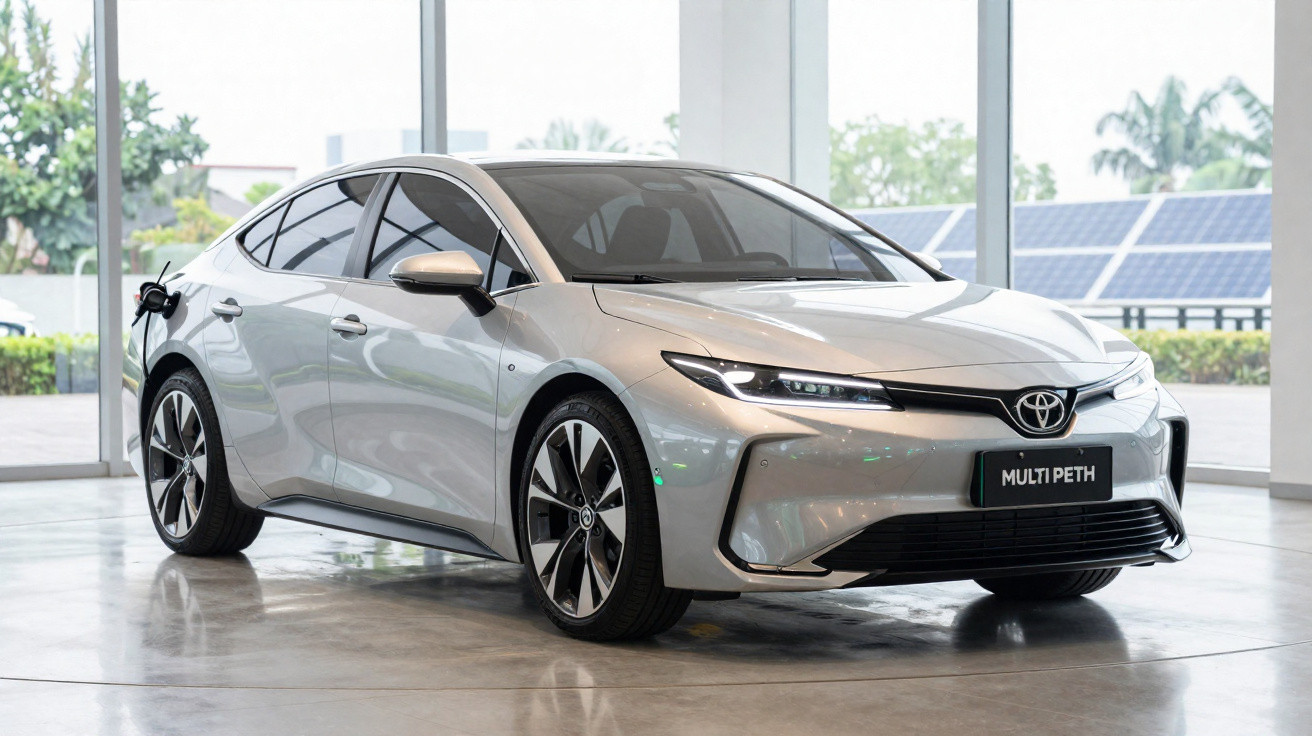 Voiture électrique Toyota grise en charge à l’intérieur d’un showroom moderne avec baies vitrées.