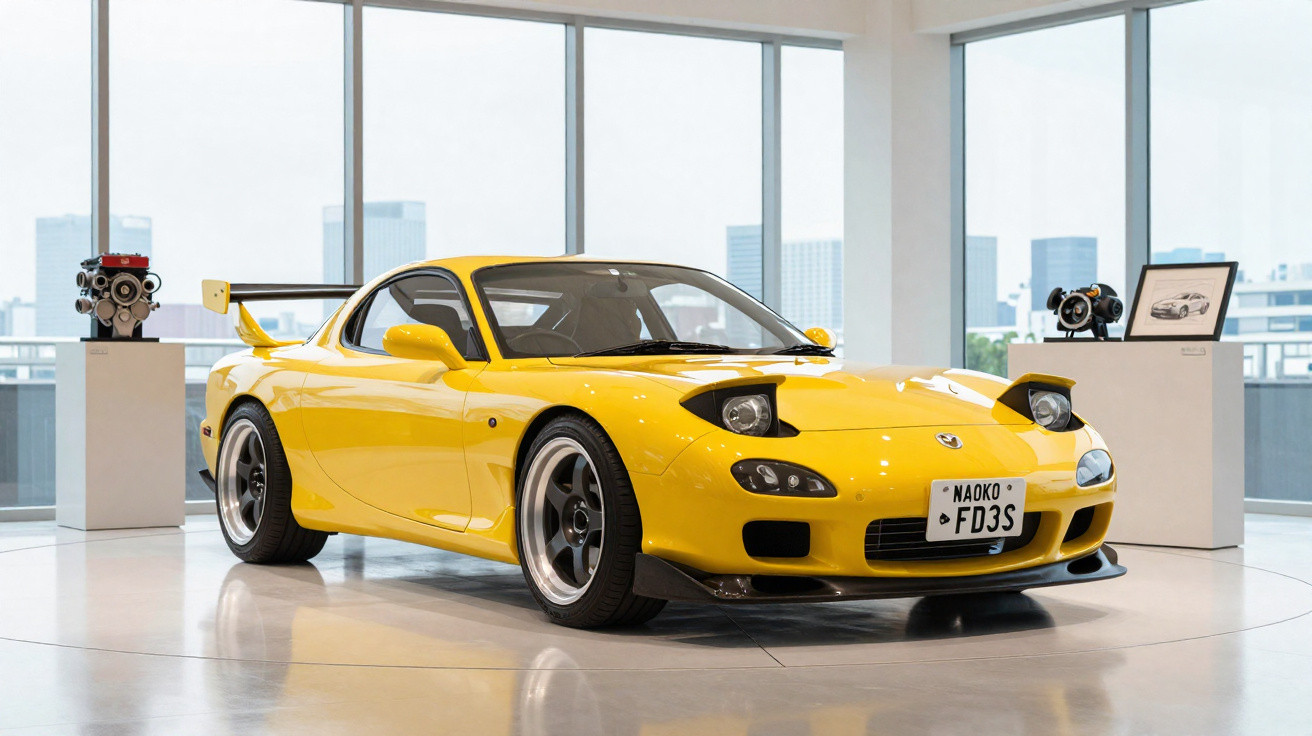 Voiture de sport jaune Mazda RX-7 FD3S exposée dans un showroom moderne avec grandes baies vitrées.