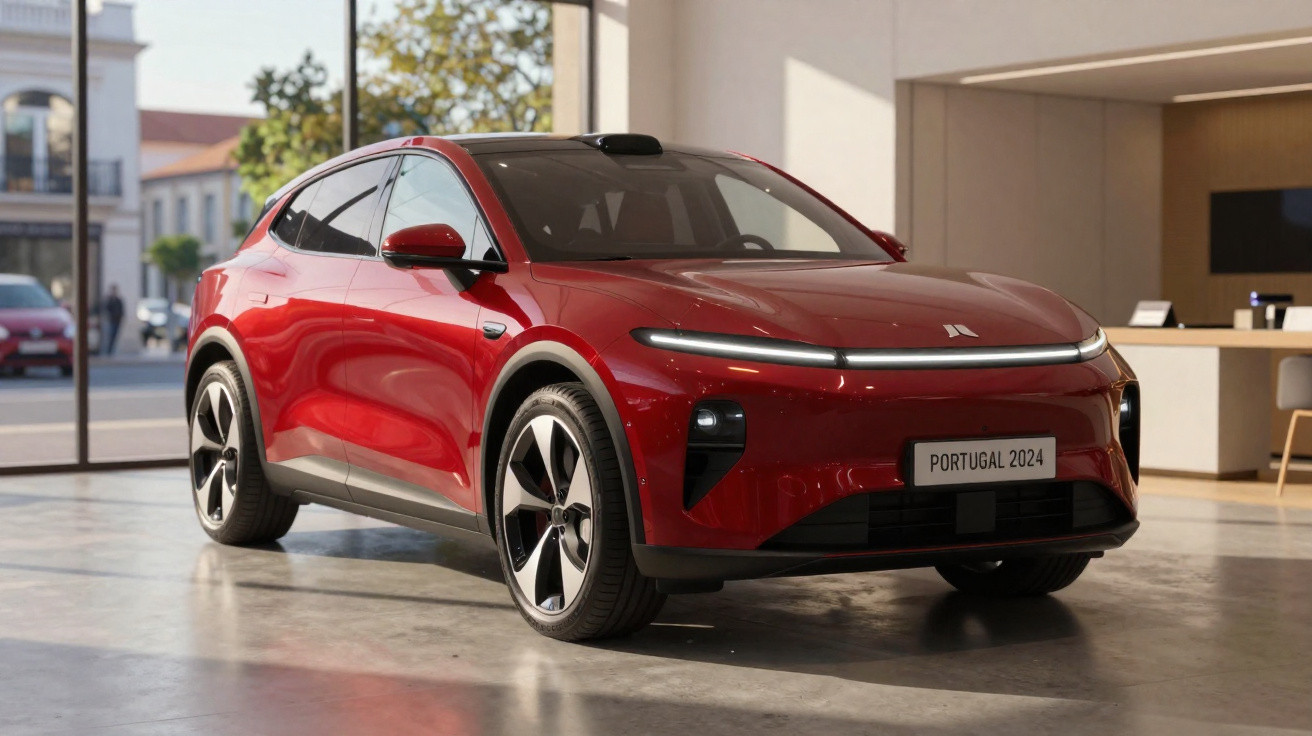 Véhicule électrique rouge brillant exposé en intérieur, modèle Portugal 2024, design moderne et épuré.