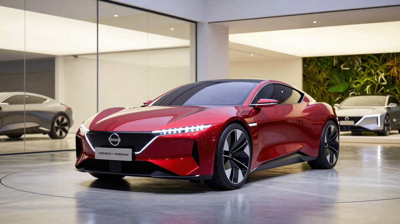 Voiture sportive rouge électrique Honda x Nissan dans un showroom moderne avec voitures en arrière-plan.