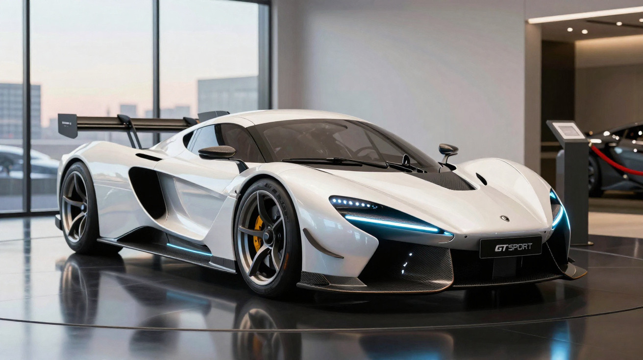 Voiture de sport blanche McLaren GT Sport exposée dans un showroom moderne avec éclairage tamisé.