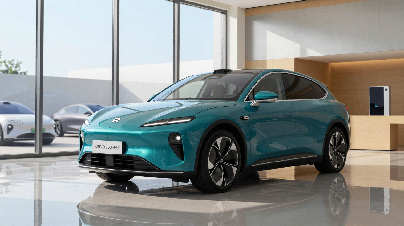 Voiture électrique bleue Nio ES6 exposée dans un showroom moderne avec baies vitrées et mobilier clair.