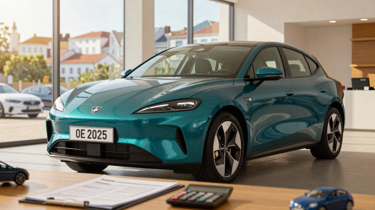 Voiture électrique moderne bleu-vert exposée dans un showroom avec fenêtres transparentes et lumière naturelle.